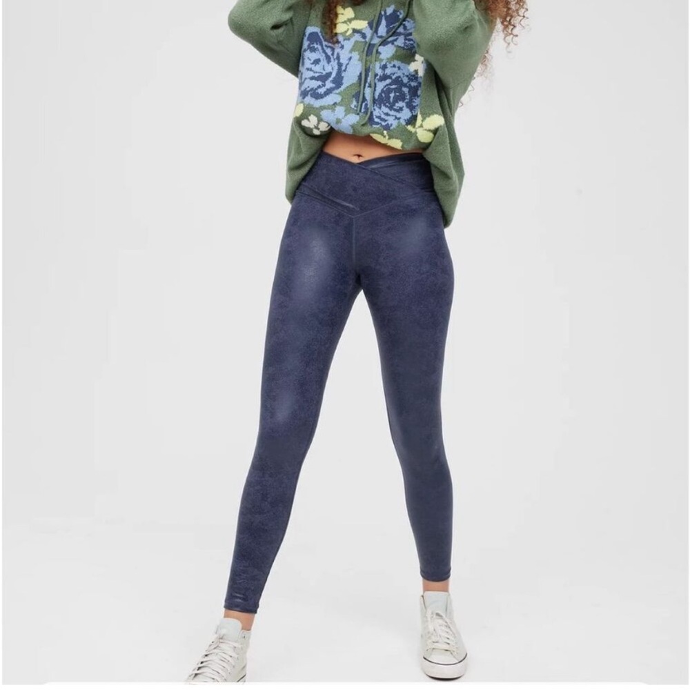 Aerie Navy Metallic High-Waisted Crossover Leggings - Sz L